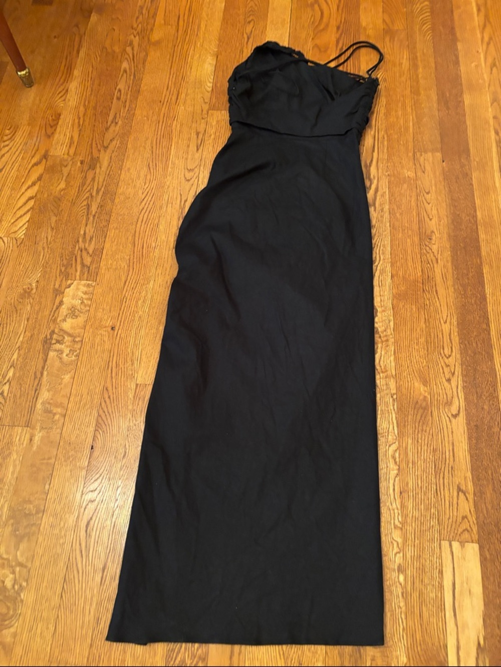 Zara draped ruched linen blend one shoulder front slit black midi dress sz.S - Picture 6 of 11